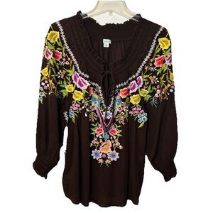 Sundance Amora Blooms Floral Embroidered Boho Top Tassel Cotton Brown Large
